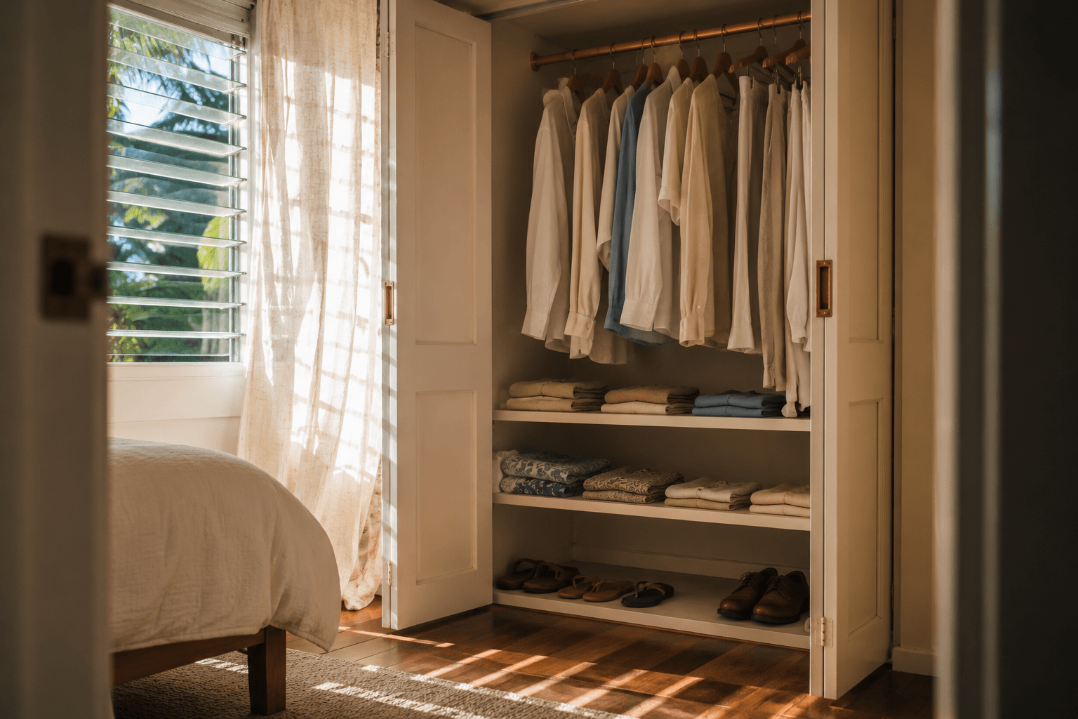 Custom bedroom closet system with integrated storage, built by Kea Cabinetry, Hawaii