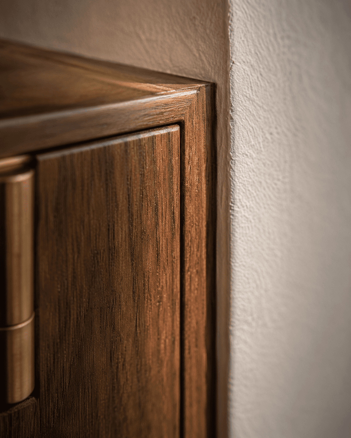 Close-up of custom walnut cabinet door joinery and brass hinge