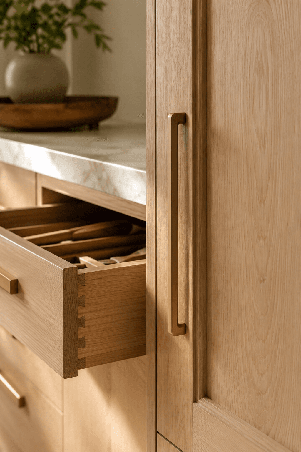 Custom white oak kitchen drawer with dovetail joinery and brass hardware, Honolulu