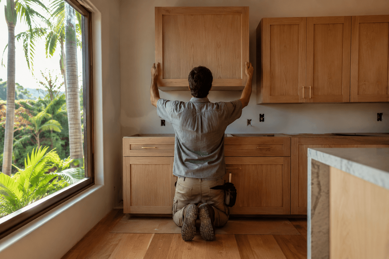 Kea Cabinetry installer fitting custom white oak kitchen cabinets in a Hawaii home with tropical garden view, Kailua, Oahu