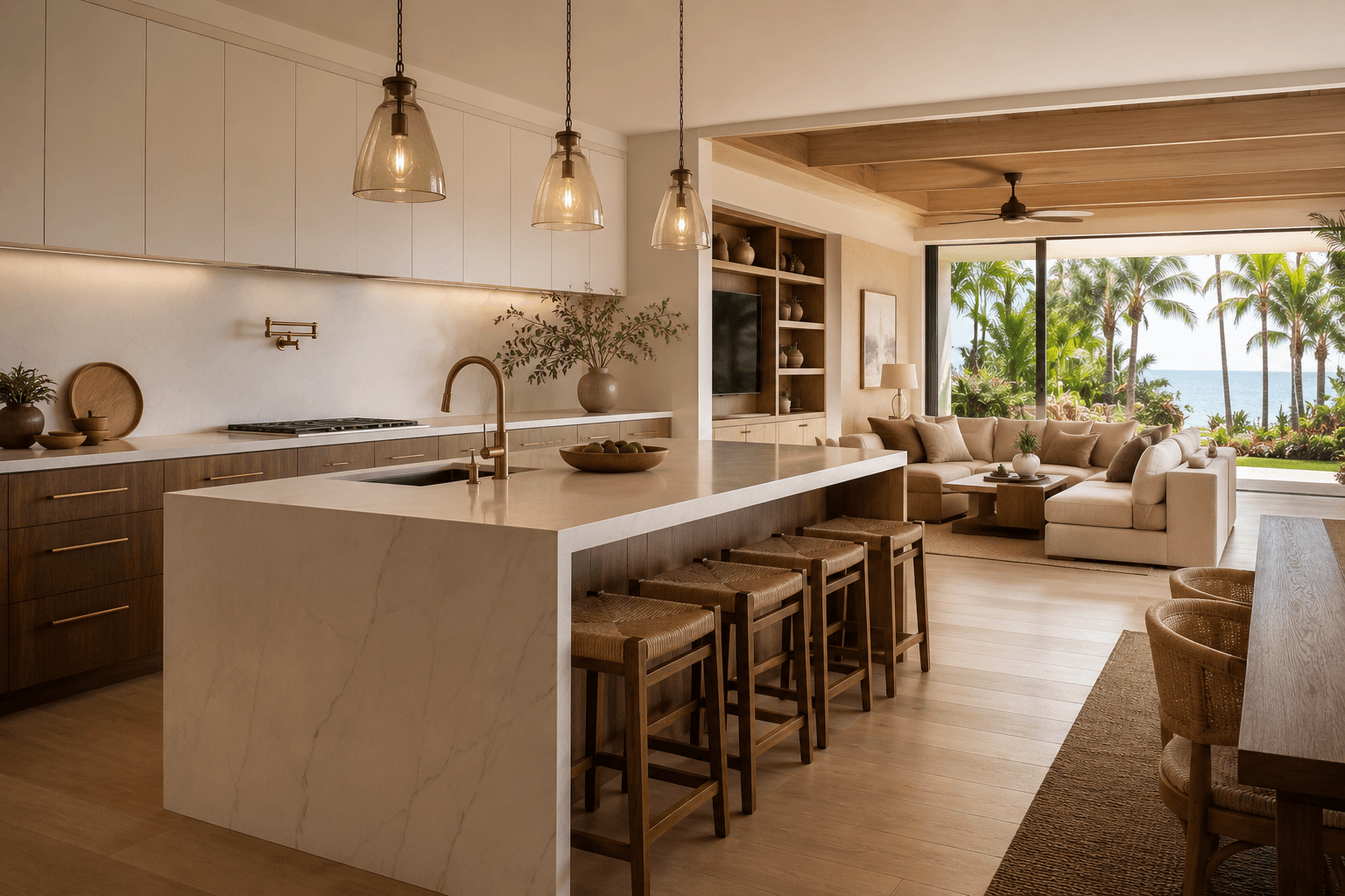 Custom two-tone kitchen cabinetry with open plan layout